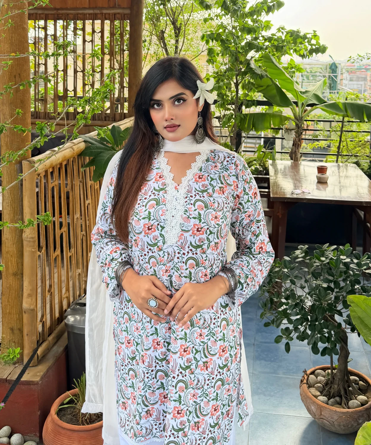White Blossom Linen Kameez